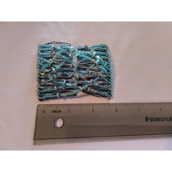 Beaded Elastic Hair Comb Stretchy Double Clip Turquoise & Silver Bead Design - Picture 2 of 2
